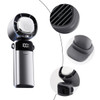 A portable grey cooling fan with a phone stand and digital display, featuring a sleek, compact design.