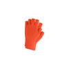Bright orange knitted fingerless gloves with a ribbed cuff design and a woven label.