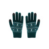 A pair of teal Jacquard gloves featuring a snowflake pattern in white and grey fingertips. The gloves have a knitted design.