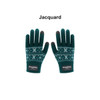 A pair of green jacquard gloves featuring a snowflake pattern, with touch-screen compatible fingertips.
