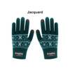A pair of teal jacquard gloves with a snowflake pattern and grey fingertips, featuring a logo label.