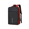 A laptop backpack featuring a sleek red and black design, equipped with USB charging and a logo.
