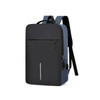 A blue and black laptop backpack featuring a USB charging port, smooth surface, and adjustable straps.