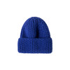 A blue twisted cable cuffed beanie with a textured pattern and a folded brim. It features a logo detail.