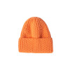An orange twisted cable cuffed beanie with a ribbed texture. It features a logo on the side.