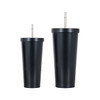 A drink bottle set featuring two black double wall stainless steel tumblers with straws, one larger than the other.