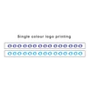 A roll of BOPP white packaging tape featuring repeated single colour logos in blue and purple.
