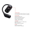 A pair of black open-ear headphones with a control button and flexible design, featuring a logo.