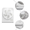 A white mini desk fan with a circular grille and a power button, featuring various angles of its design.