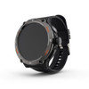 A smart watch with a round black display and a black strap, featuring metallic accents and buttons.