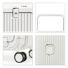 A white hardside suitcase with a locking mechanism, extendable handle, and wheels. Features a ribbed texture.