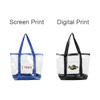 A large clear zippered tote bag with blue and black trim, featuring two different printed designs.