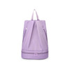A purple backpack with a handle and zippers, featuring a wet and dry separation compartment and a logo.