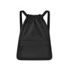 A black lightweight drawstring backpack with a front zip pocket and a logo patch.