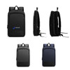 An expandable laptop backpack in black with a logo, shown from multiple angles, including side views.