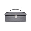 A grey portable thermal insulated lunch bag with a zipper closure and a handle on top.