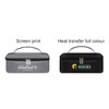 A grey and a black portable thermal insulated lunch bag with handles and logos displayed on the front.