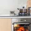 A digital oven thermometer in silver with a probe, placed on a kitchen countertop beside a pot and oven.