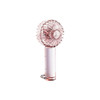 A transparent pink fan featuring an LED light, with a decorative circular design and a cylindrical handle.