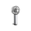 A transparent handheld fan with a round design and LED light, featuring a silver handle.