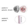 A transparent fan with LED light in silver and pink, featuring a logo on the handle.