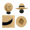 A straw hat in a light tan colour with a black band, displayed from multiple angles on a stand.