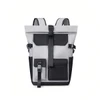 A grey and black multi-pocket roll top backpack with adjustable straps and various zipper compartments.