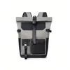 A roll-top backpack in grey and black, featuring multiple pockets and adjustable straps, with a logo on the front.