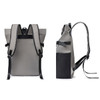 A grey multi-pocket roll top backpack with black accents, featuring adjustable straps and a logo.