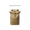 A vintage roll top backpack in khaki, featuring a logo and side zip pockets.