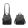 A black convertible leather backpack with adjustable straps and a logo, featuring a front flap and zippered pockets.