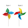 A four-leaf pinwheel with green, red, yellow, and blue petals, mounted on a white stick. It features a logo.