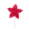 A five-leaf pinwheel in bright pink, mounted on a white stick, with a simple design and a glossy finish.