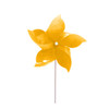 A yellow five-leaf pinwheel with a white stick, designed for outdoor decoration. It features a simple, playful design.