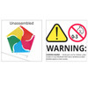 A five-leaf pinwheel in bright yellow, pink, blue, and green colours, unassembled with a warning label about small parts.