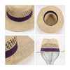 A straw cowboy hat in natural colour with a purple band, featuring an open weave design and a round crown.