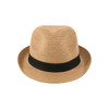 A straw hat in beige with a black ribbon band, featuring a rounded crown and a wide brim.