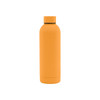 A drink bottle with a rubber-coated exterior, featuring a sleek design in bright orange. It has a logo on the surface.
