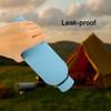 A drink bottle in blue, featuring a rubber coated finish and a leak-proof design. It has a logo on it.