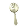 A metallic bar strainer with a shell shape and perforated design, featuring a smooth handle.
