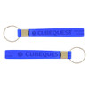 A blue silicone strap keytag with a metal clasp and a logo. Features a smooth, flexible design.