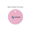 A round pink drink cover featuring a central logo. Includes a hole for attachment.