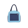 A colourful insulated lunch bag in light blue and navy, featuring a front zip pocket and sturdy handles.