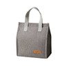 A grey minimalist lunch bag with a rectangular shape and two handles, featuring a small logo.