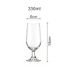 A clear goblet glass with a round base, measuring 18 cm in height and 6 cm in diameter, with a 330ml capacity.