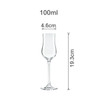 A clear tulip wine glass with measurements of 19.3cm height and 4.6cm diameter, designed for 100ml capacity.