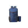 A navy blue packable travel backpack with grey accents and a detachable storage pouch. Features two shoulder straps.