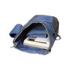 A packable travel backpack in navy and black, with a laptop, keyboard, and clothing visible inside.