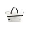 A white weekender bag with black straps and accents, featuring a zippered main compartment and front pocket.