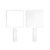 A handheld square mirror in white with a smooth surface and a simple handle, featuring two mirrored sides.